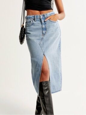 Abercrombie Light Wash Denim Midi Skirt with Front Slit